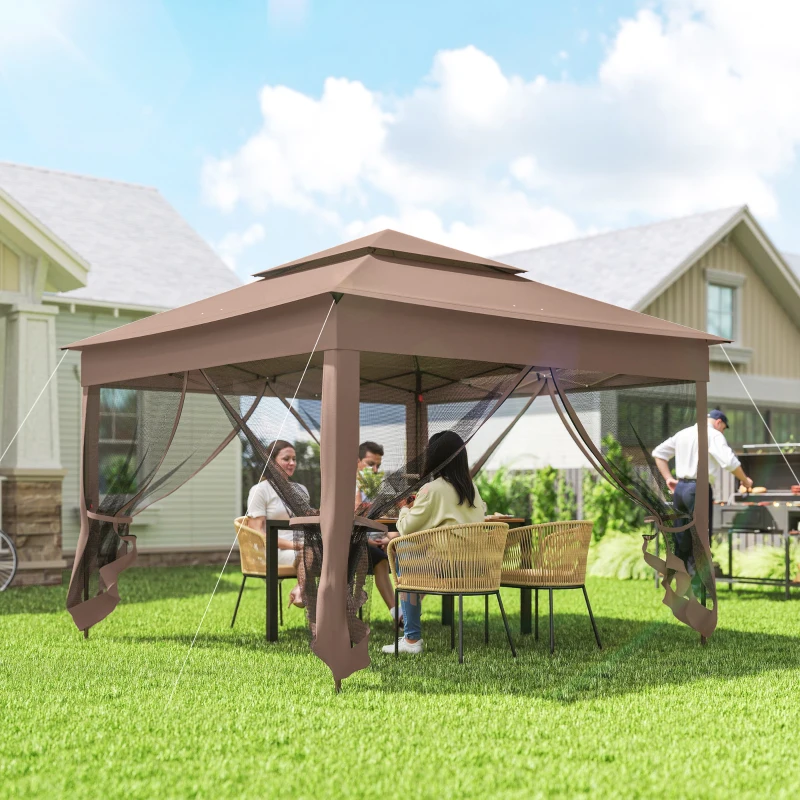 Outsunny Outdoor Patio Pop Up Canopy Gazebo Shelter with Zipper Netting, Carry Bag, 11' x 11', Brown