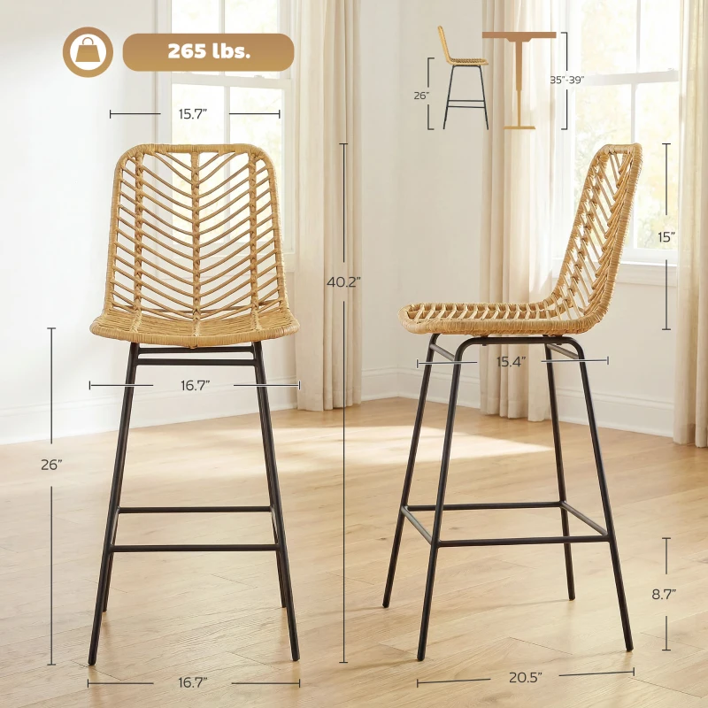 HOMCOM Set of 2 Rattan Barstools Wicker Counter Stools with Steel Legs and Footrest for Dining Room Kitchen Pub Yellow