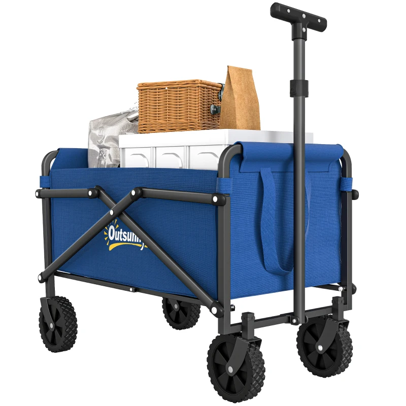 Outsunny Small Collapsible Folding Garden Cart, Heavy Duty Lawn Wagon with Universal Wheels and Adjustable Handle, Blue