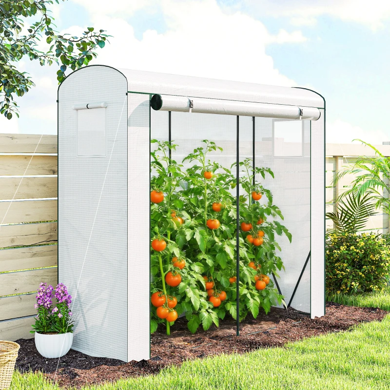 Outsunny Mini Greenhouse, Portable Greenhouse with Roll-Up Door and 2 Mesh Windows, PE Cover, 78.7" x 29.5" x 74", White