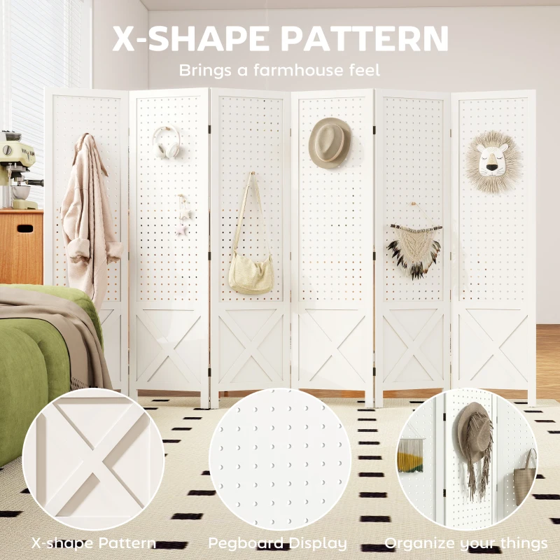 HOMCOM 56.9" 6 Panel Wooden Room Divider with Pegboard Display, Folding Privacy Screen for Home Office, White