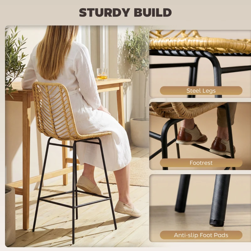 HOMCOM Set of 2 Rattan Barstools Wicker Counter Stools with Steel Legs and Footrest for Dining Room Kitchen Pub Yellow