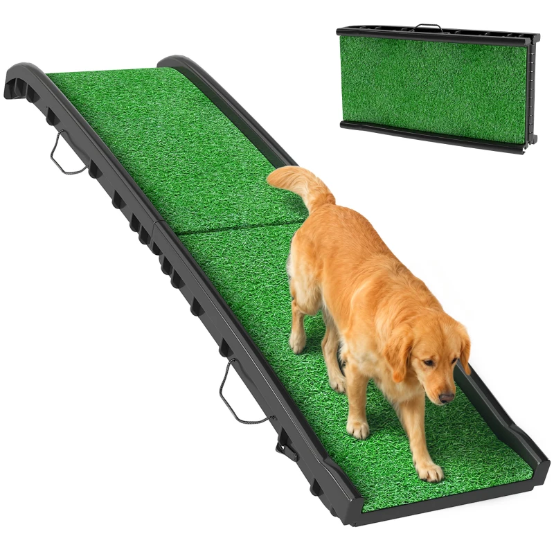 PawHut Folding Dog Ramp for Car, 61 Inches Portable Pet Ramp with Non Slip Grass Surface, Raised Side Rails