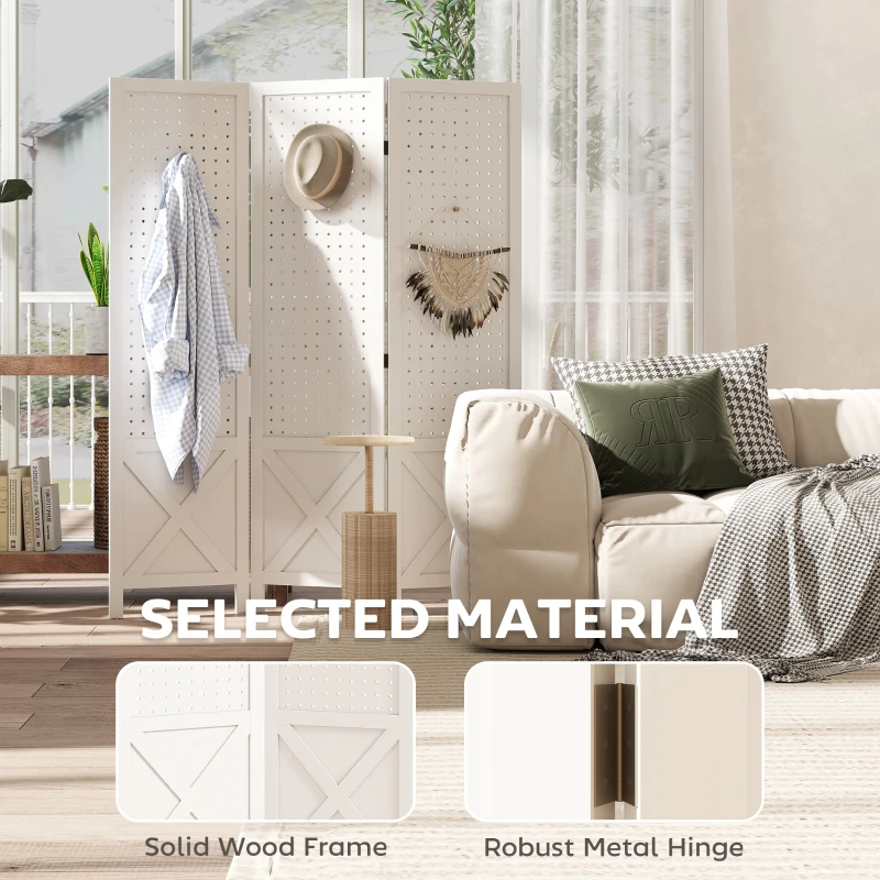 HOMCOM 56.9" 3 Panel Wooden Room Divider with Pegboard Display, Folding Privacy Screen for Home Office, White