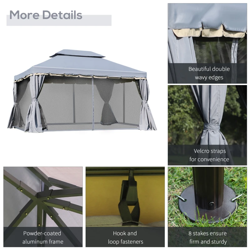 Outsunny 13' x 10' Patio Gazebo Canopy with 2-Tier Polyester Roof, Vented Mesh Sidewall & Strong Aluminum Frame, Grey