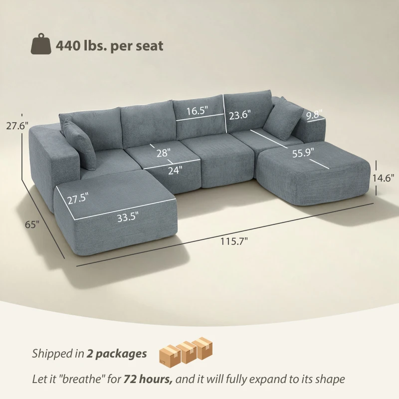 HOMCOM Modular Sectional Sofa, Boneless U-Shape Sectional Couch with 2 Ottomans, Dark Gray