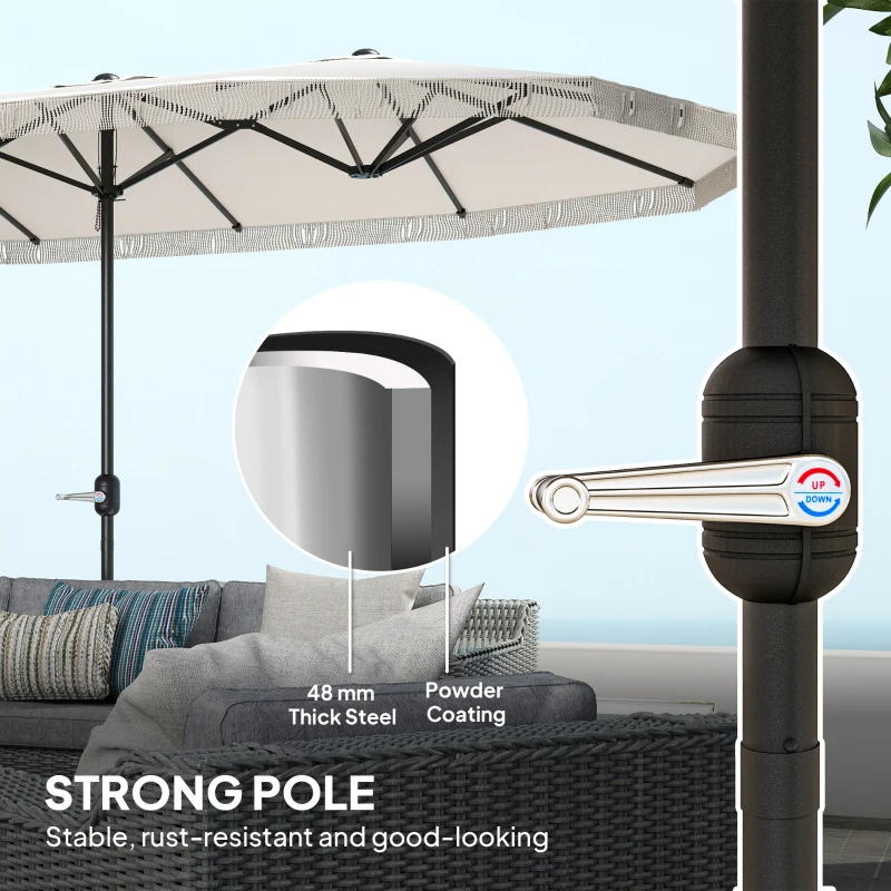 Outsunny 15ft Rectangle Patio Umbrella UPF30+ Extra Large Outdoor Umbrella with Fringe and Crank Handle, Cream White