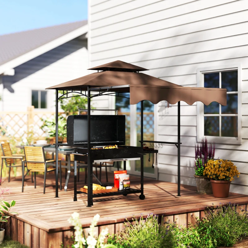 Outsunny 8' x 5' Grill Gazebo, Double Tiered Barbecue Grill Gazebo Shelter with Side Awning, 2 Side Shelves, 6 Hooks, Brown