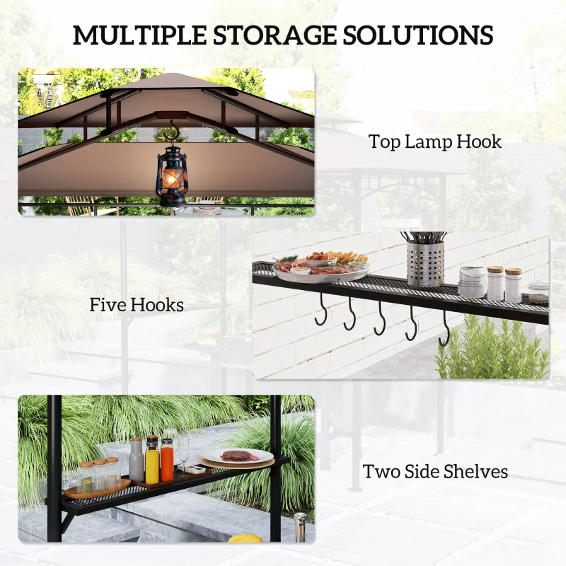 Outsunny 8' x 5' Grill Gazebo, Double Tiered Barbecue Grill Gazebo Shelter with Side Awning, 2 Side Shelves, 6 Hooks, Brown