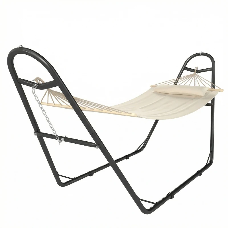Outsunny Hammock with Stand, Heavy Duty Camping Hammock with Detachable Pillow and Spreader Bar, 264 lbs Capacity, Cream White