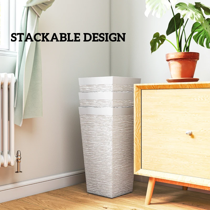 Outsunny 22.8 Inch Set of 3 Outdoor Planters with Stone Finish and Wheels, Stackable Tapered Planters with Drainage Hole, White