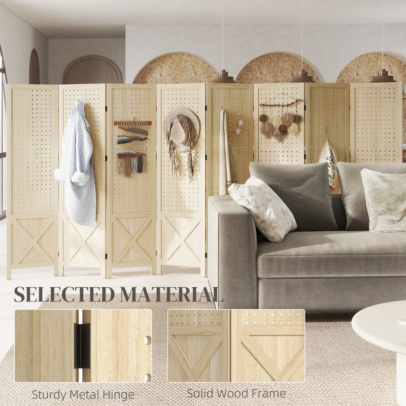 HOMCOM Wooden Room Divider with Pegboard Display, 8 Panel Folding Privacy Screen for Home Office, Natural Wood