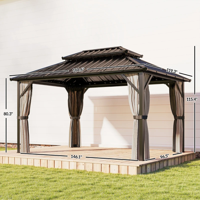 Outsunny 10' x 14' Hardtop Gazebo with Double Galvanized Steel Roof Canopy, Aluminum Frame Permanent Gazebo, Brown