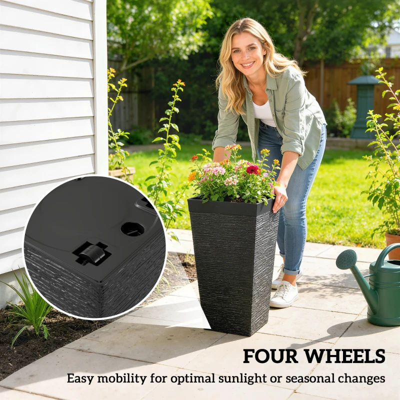 Outsunny 22.8 Inch Set of 3 Outdoor Planters with Stone Finish and Wheels, Stackable Tapered Planters with Drainage Hole, Black