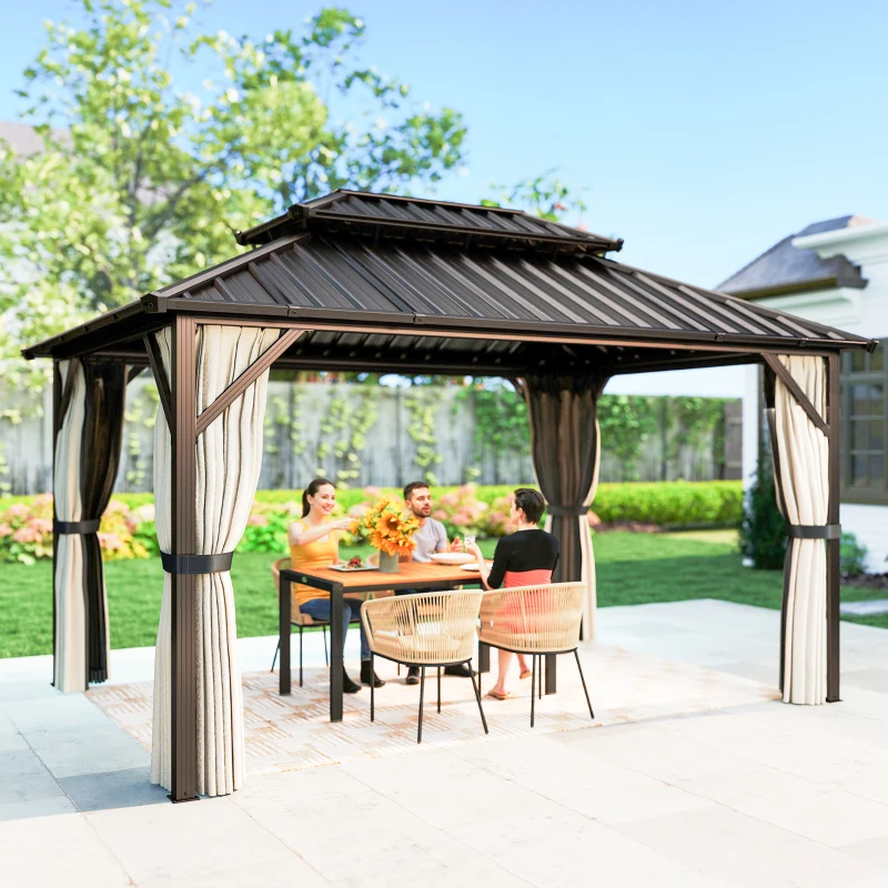 Outsunny 10' x 14' Hardtop Gazebo with Double Galvanized Steel Roof Canopy, Aluminum Frame Permanent Gazebo, Brown
