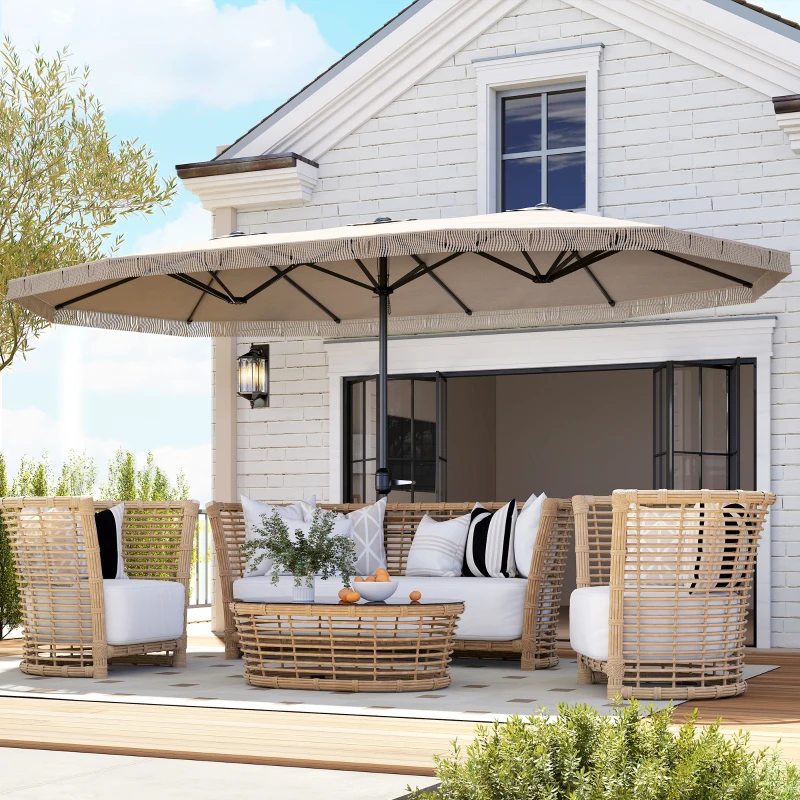 Outsunny 15ft Rectangle Patio Umbrella UPF30+ Extra Large Outdoor Umbrella with Fringe and Crank Handle, Cream White