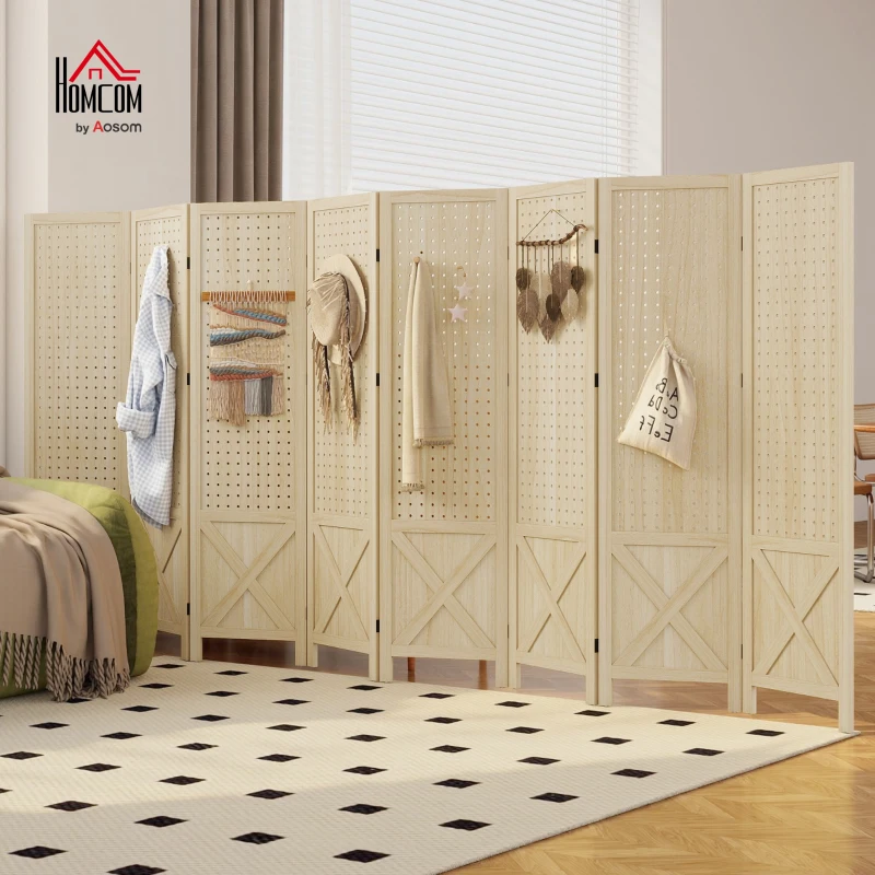 HOMCOM Wooden Room Divider with Pegboard Display, 8 Panel Folding Privacy Screen for Home Office, Natural Wood