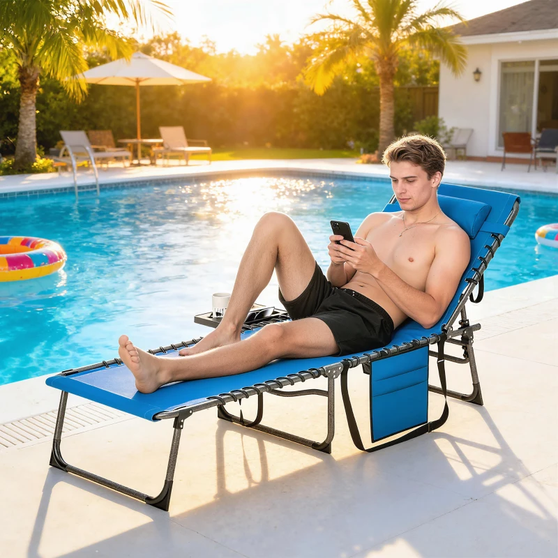 Outsunny Folding Outdoor Chaise Lounge Chair Tanning Chair with 5-Level Adjustable Back, Side Table, Pillow, Pocket, Blue