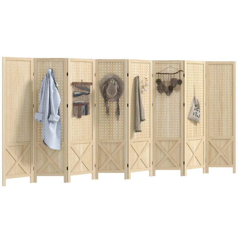 HOMCOM Wooden Room Divider with Pegboard Display, 8 Panel Folding Privacy Screen for Home Office, Natural Wood