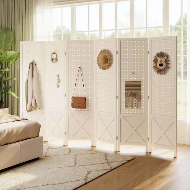HOMCOM 56.9" 6 Panel Wooden Room Divider with Pegboard Display, Folding Privacy Screen for Home Office, White