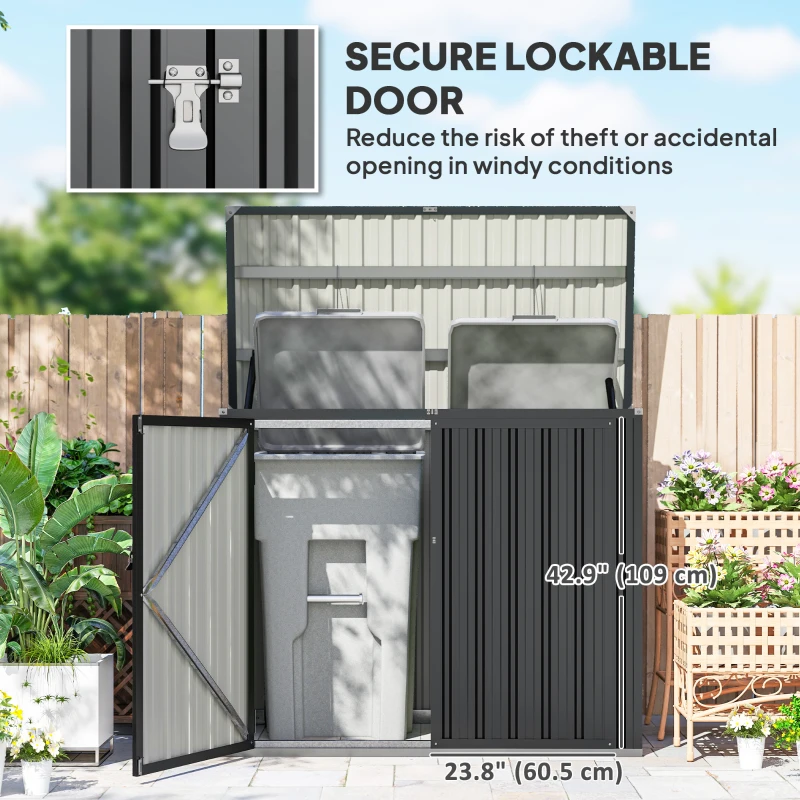Outsunny Outdoor Storage Shed Lockable Galvanized Steel Garbage Bin Shed Lift-up Lid for 2 Trash Cans