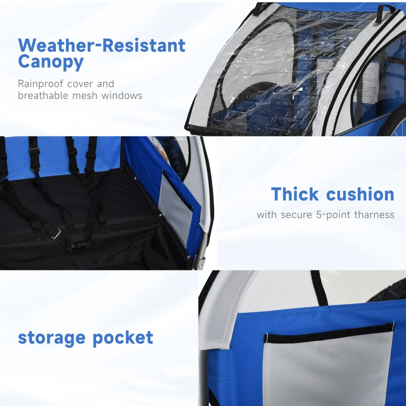 Aosom 2-Seat Child Bike Trailer for Kids with a Strong Steel Frame, 5-Point Safety Harnesses, & Comfortable Seat, Blue