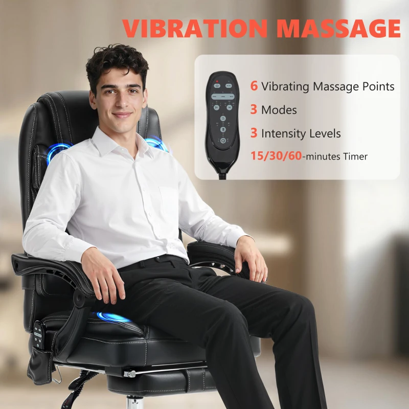 Vinsetto 6 Point Vibration Massage Office Chair, PU Leather Heated Reclining Computer Chair with Footrest, Black