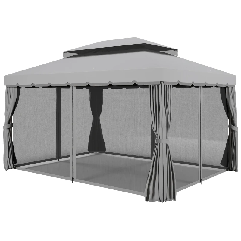 Outsunny 13' x 10' Patio Gazebo Canopy with 2-Tier Polyester Roof, Vented Mesh Sidewall & Strong Aluminum Frame, Light Grey