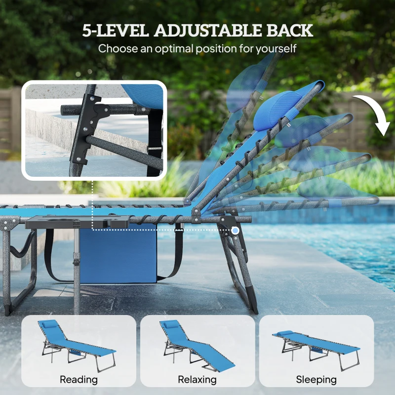 Outsunny Folding Outdoor Chaise Lounge Chair Tanning Chair with 5-Level Adjustable Back, Side Table, Pillow, Pocket, Blue