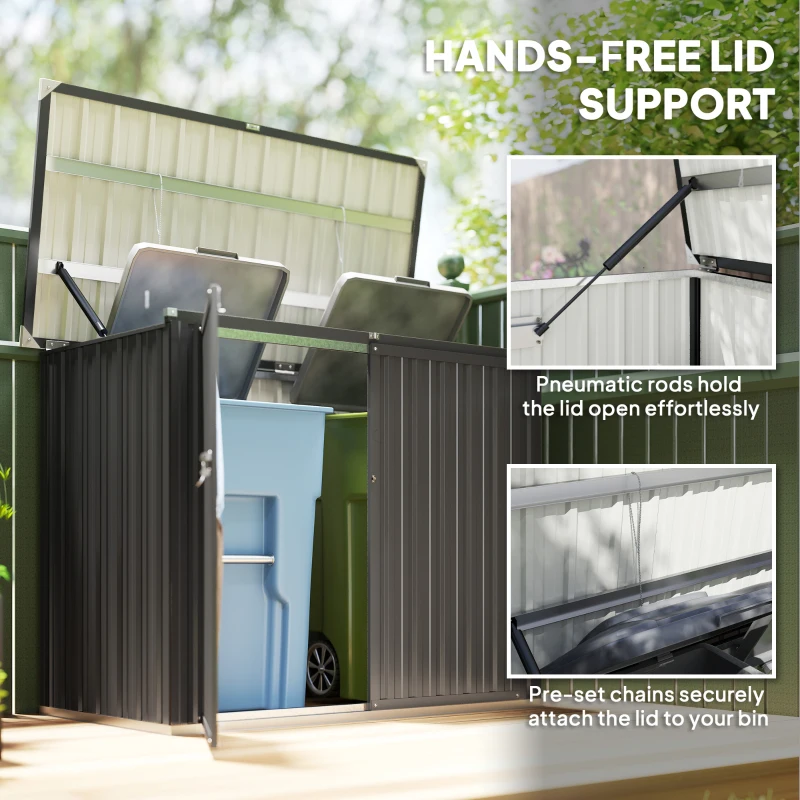 Outsunny Outdoor Storage Shed Lockable Galvanized Steel Garbage Bin Shed Lift-up Lid for 2 Trash Cans