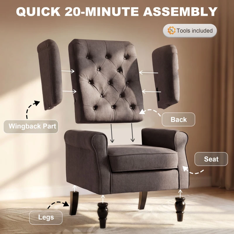 HOMCOM Modern Accent Chairs Button Tufted Armchair, Large Living Room Chair with Wood Legs, Rolled Arms, Thick Padding for Modern Homes, Brown