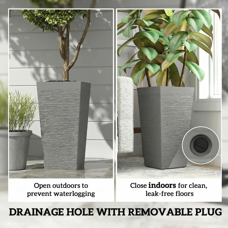 Outsunny 22.8 Inch Set of 3 Outdoor Planters with Stone Finish and Wheels, Stackable Tapered Planters with Drainage Hole, Gray