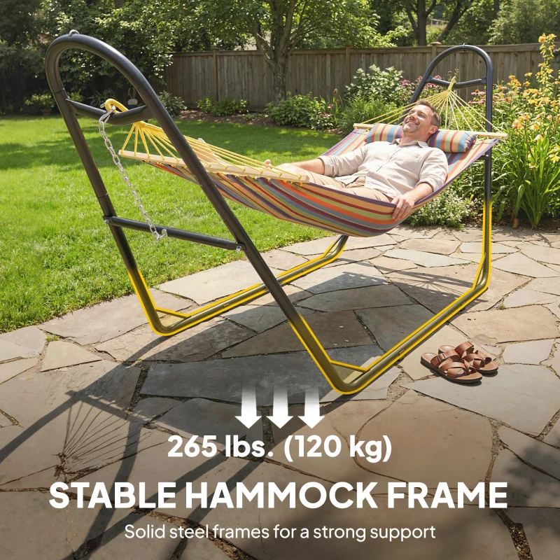 Outsunny Hammock with Stand, Heavy Duty Camping Hammock with Detachable Pillow and Spreader Bar, 264 lbs Capacity, Multicolor