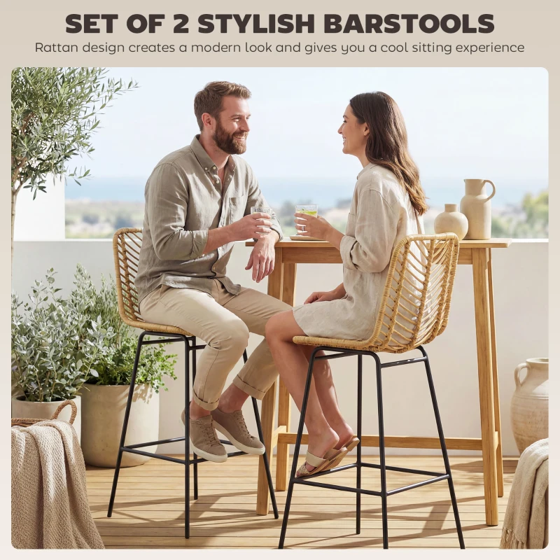 HOMCOM Set of 2 Rattan Barstools Wicker Counter Stools with Steel Legs and Footrest for Dining Room Kitchen Pub Yellow