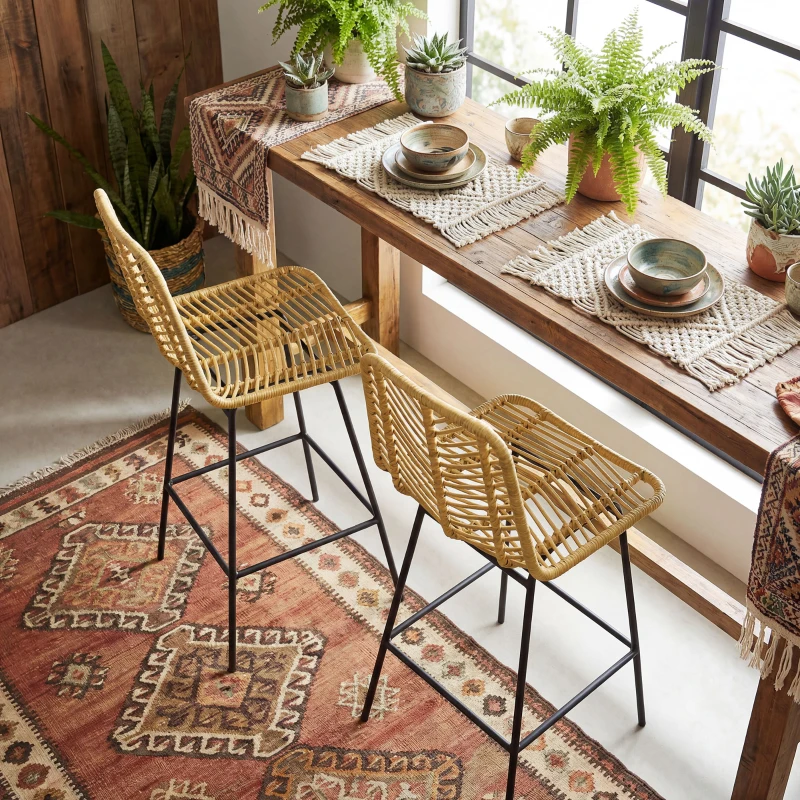 HOMCOM Set of 2 Rattan Barstools Wicker Counter Stools with Steel Legs and Footrest for Dining Room Kitchen Pub Yellow