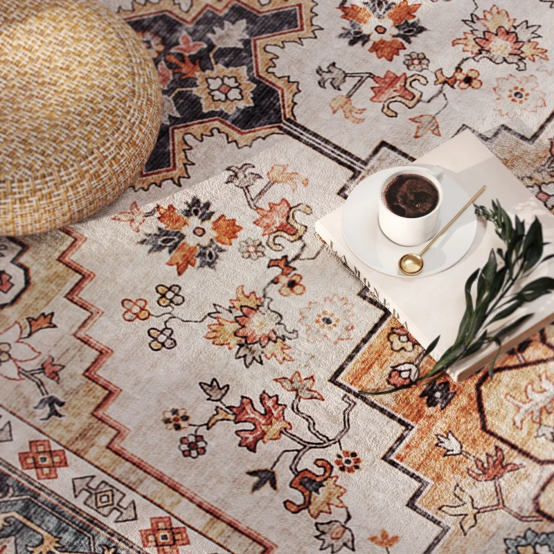 HOMCOM Area Rug 5x7, Machine Washable Rug, Non-Slip Boho Print Pattern Medallion Carpet for Living Room, Bedroom, Tawny Brown