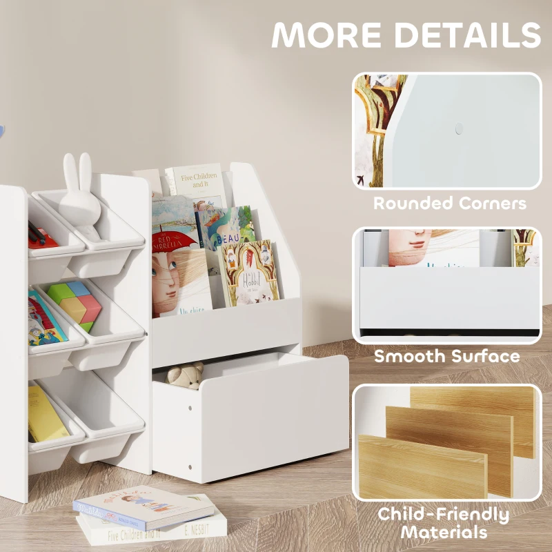 Qaba Kids Bookshelf and Toy Storage, 3-Tier Bookcase with 6 Removable Bins and Box for Toddler Nursery Playroom, White
