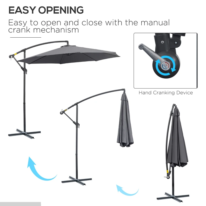 Outsunny Φ10' Deluxe Patio Umbrella Outdoor Market Parasol Banana Hanging Offset Sunshade Crank Cross Base Grey