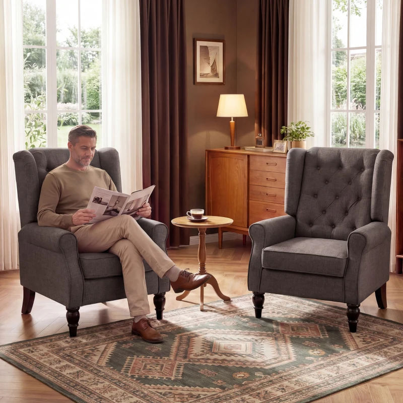 HOMCOM Modern Accent Chairs Button Tufted Armchair, Large Living Room Chair with Wood Legs, Rolled Arms, Thick Padding for Modern Homes, Brown