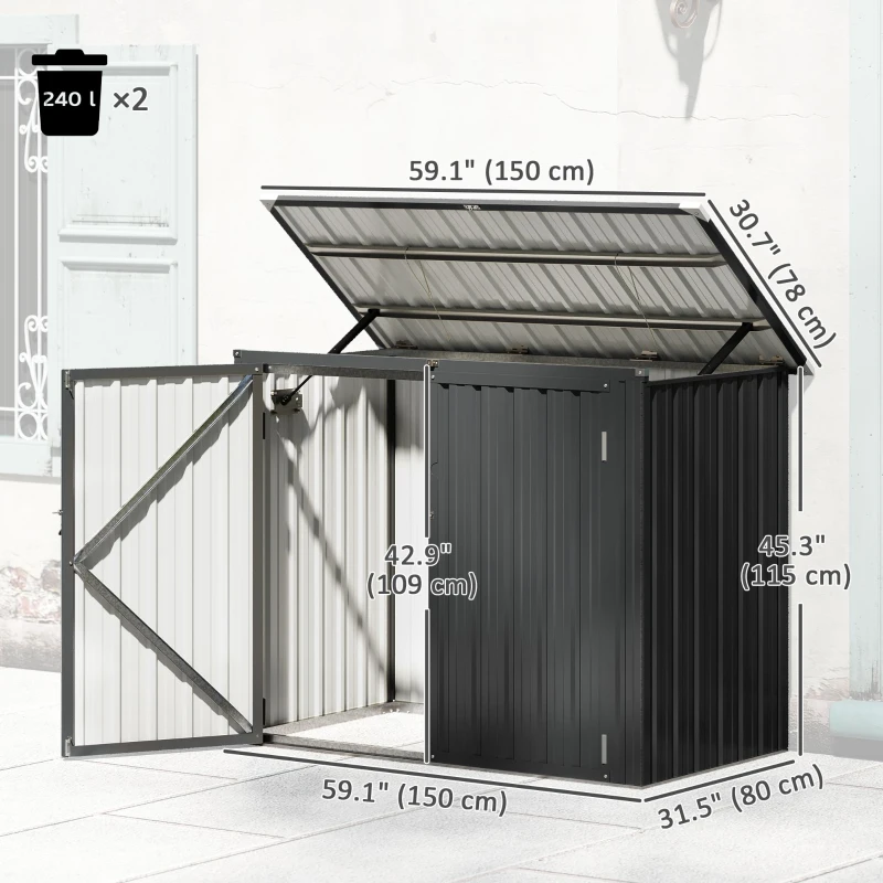 Outsunny Outdoor Storage Shed Lockable Galvanized Steel Garbage Bin Shed Lift-up Lid for 2 Trash Cans