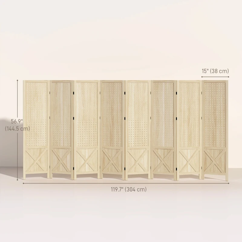 HOMCOM Wooden Room Divider with Pegboard Display, 8 Panel Folding Privacy Screen for Home Office, Natural Wood