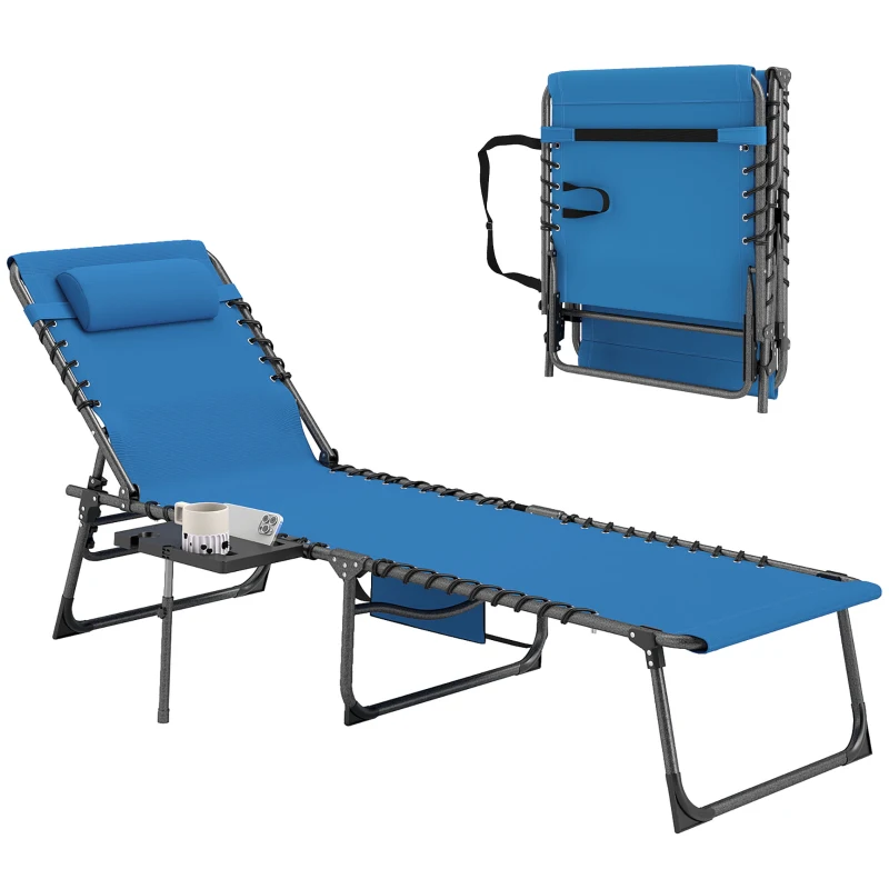 Outsunny Folding Outdoor Chaise Lounge Chair Tanning Chair with 5-Level Adjustable Back, Side Table, Pillow, Pocket, Blue