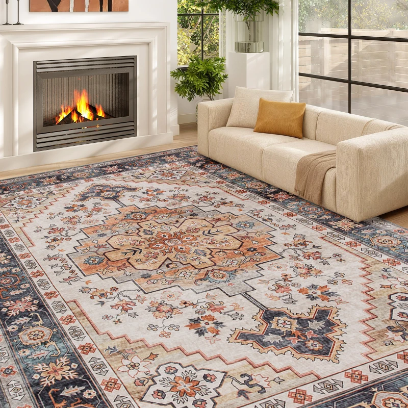 HOMCOM Area Rug 8x10, Machine Washable Rug, Non-Slip Boho Print Pattern Medallion Carpet for Living Room, Bedroom, Tawny Brown