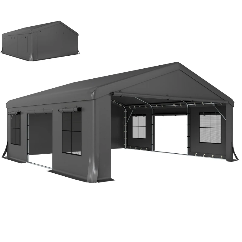 Outsunny 20' x 20' Heavy Duty Carport, Portable Garage Car Canopy Tent Shelter with 3 Roll-up Doors, 4 Windows, Dark Gray
