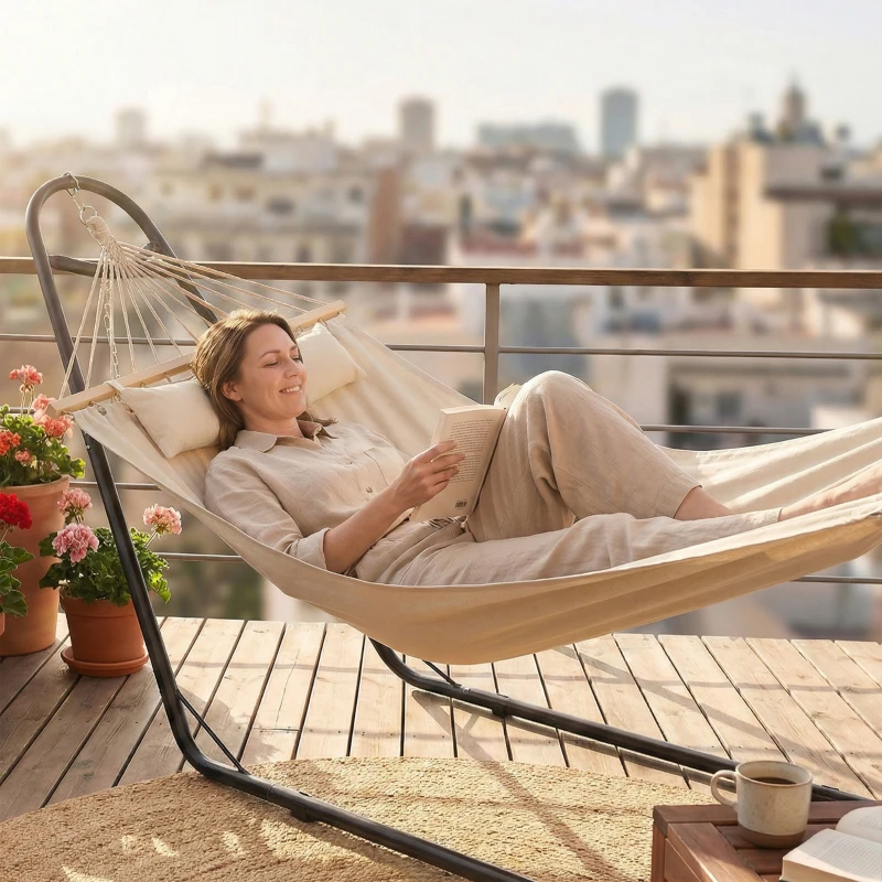 Outsunny Hammock with Stand, Heavy Duty Camping Hammock with Detachable Pillow and Spreader Bar, 264 lbs Capacity, Cream White