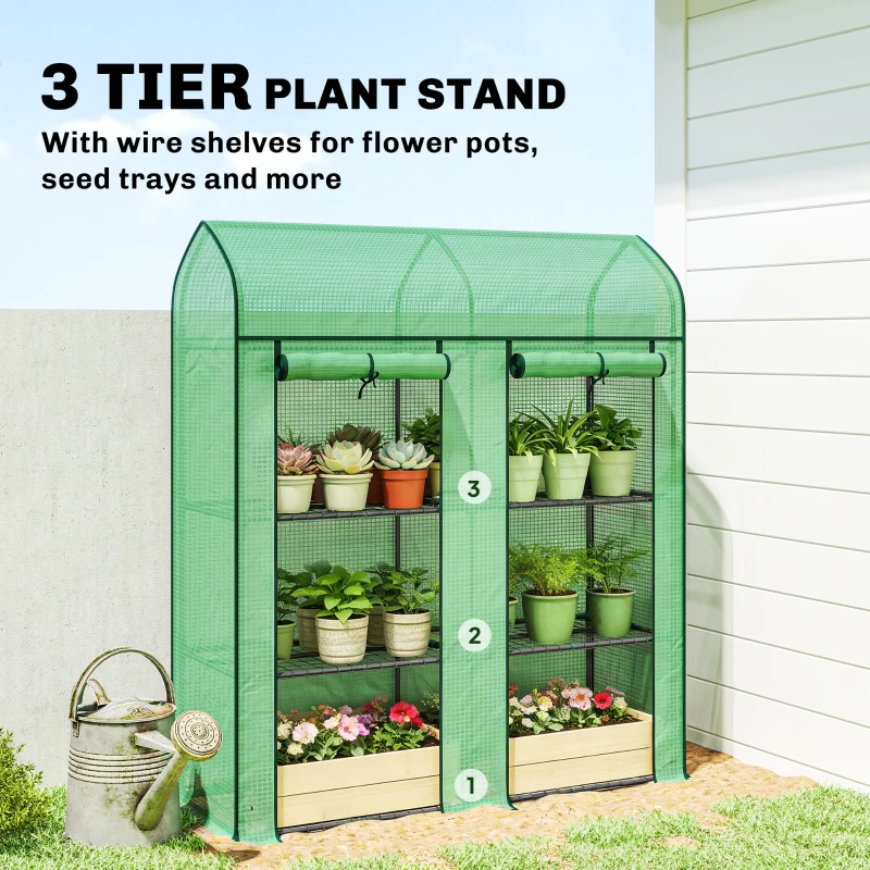 Outsunny 3 Tier Mini Greenhouse, Small Portable Greenhouse with 2 Roll-up Doors, 56.3" x 18.1" x 65", Green