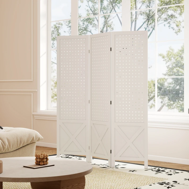 HOMCOM 56.9" 3 Panel Wooden Room Divider with Pegboard Display, Folding Privacy Screen for Home Office, White