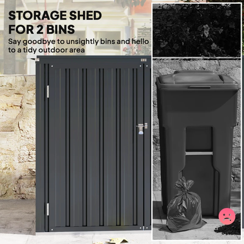 Outsunny Outdoor Storage Shed Lockable Galvanized Steel Garbage Bin Shed Lift-up Lid for 2 Trash Cans