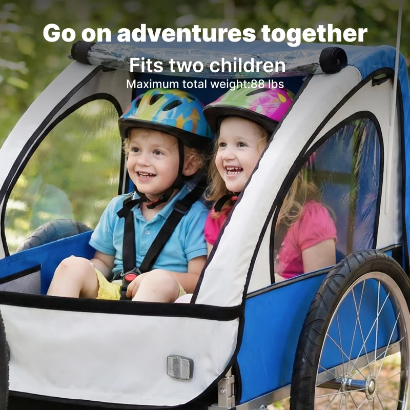 Aosom 2-Seat Child Bike Trailer for Kids with a Strong Steel Frame, 5-Point Safety Harnesses, & Comfortable Seat, Blue