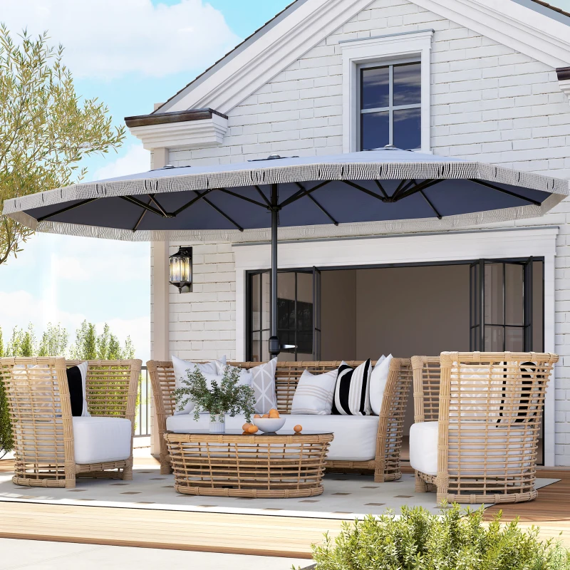 Outsunny 15ft Rectangle Patio Umbrella UPF30+ Extra Large Outdoor Umbrella with Fringe and Crank Handle, Dark Blue